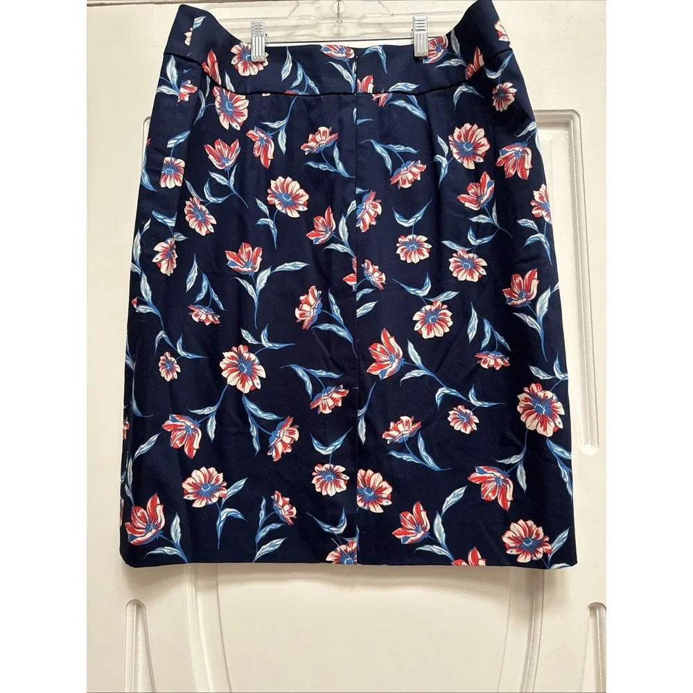 Land's End‎ White Navy Printed Lined Floral Zip  A Line Skirt SZ 12
